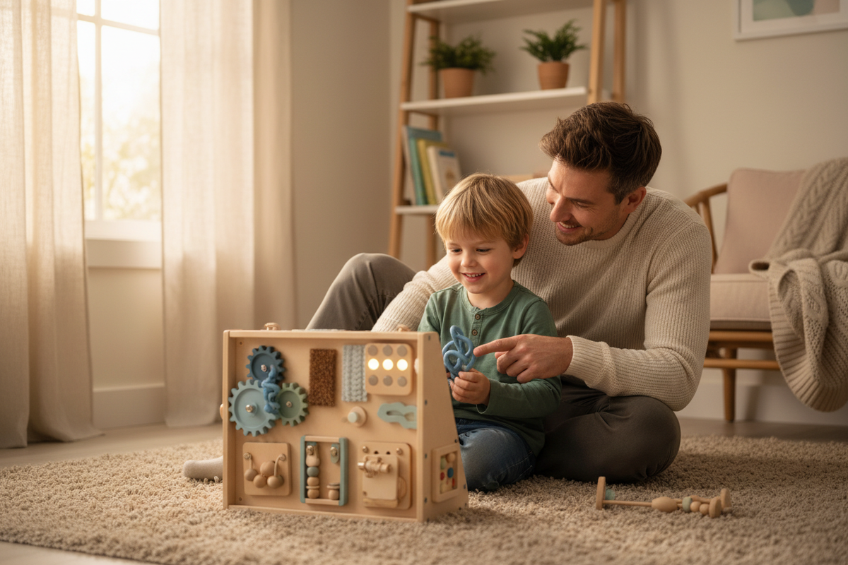 single dad with neurodivergant child playong with our product 